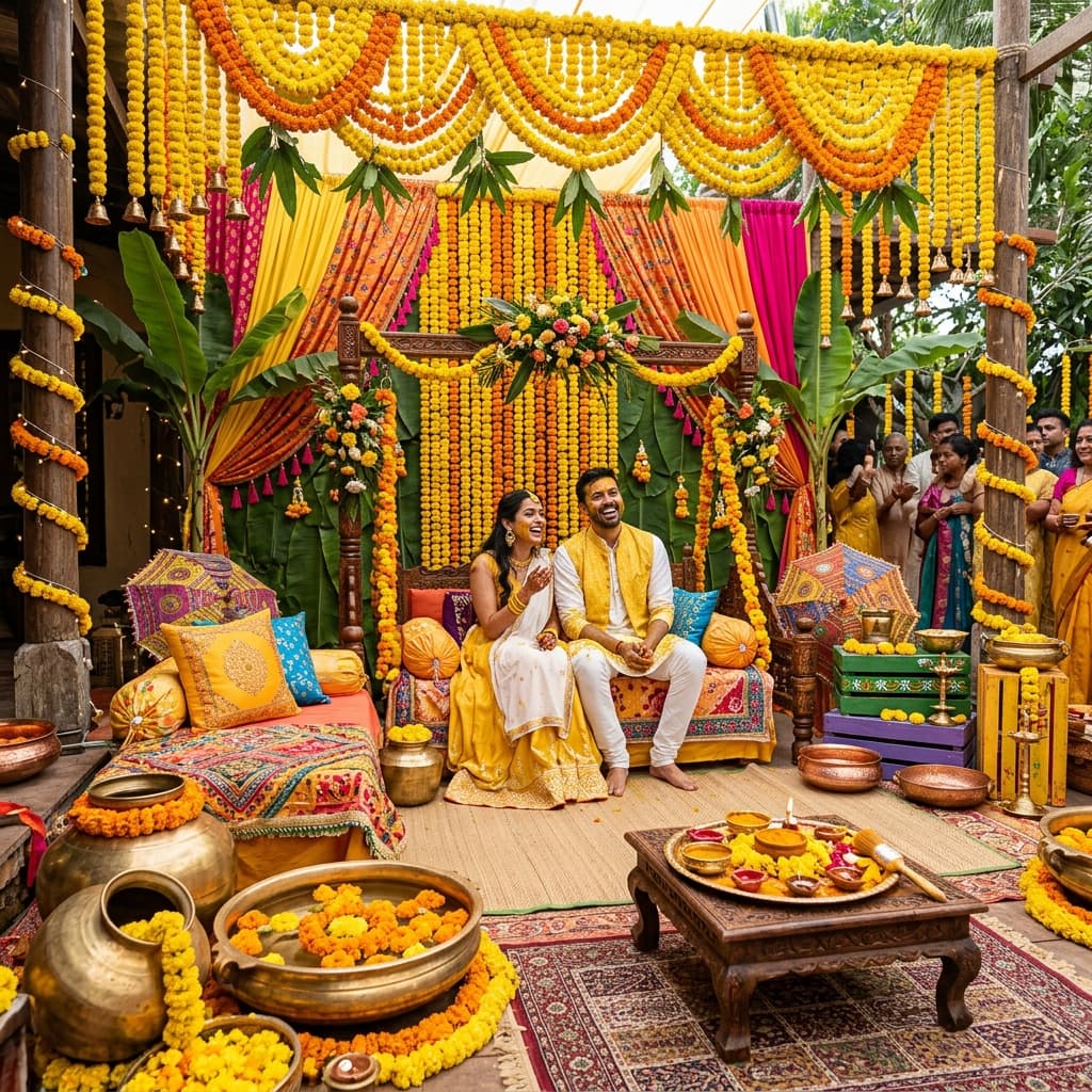 Vibrant yellow marigold haldi celebration setup at Heritage Haveli