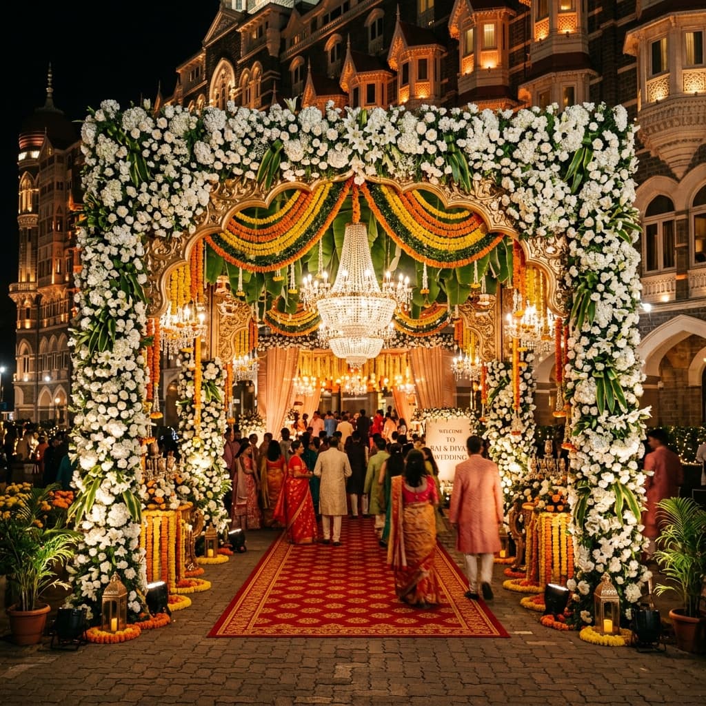 Grand floral gateway entrance decoration for a luxury wedding at Marriott Resort